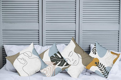 Ambesonne Minimal Throw Pillow Cushion Case Pack of 4, Modern Line Art Woman Portrait with Contemporary Leafy Geometric Details, Modern Accent Double-Sided Digital Printing, 20", Baby Blue Taupe Amber