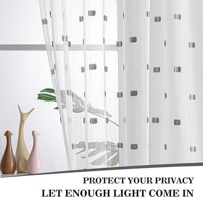 MYSKY HOME White Curtains for Bedroom 63 Inch Length Long Sheer Curtains for Kids Room Nursery Curtains with Grey Patched Design Rod Pocket Privacy Window Drapes Dining Room 52" x 63" 2 Panels