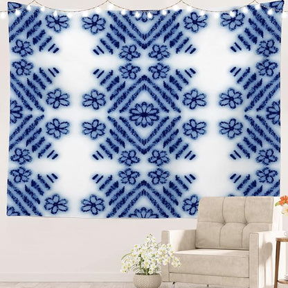 Batmerry Blue Art Flower Tapestry, Blue White Ceramic Glaze Tie Dye Wall Art Hanging Decoration Polyester Fiber White Ruffled Around for Dorm Room Bedroom Living Room, 59.1x82.7 inches
