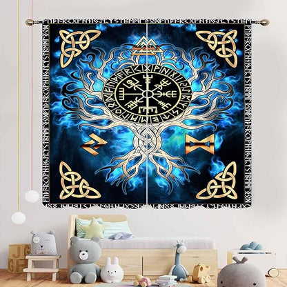 Tree of Life Curtains, Vikings Celtic Nordic Life Tree Scandinavian Aesthetic Mythology Blue Window Drapery Treatments for Bedroom Living Room Bathroom 2 Panels, 52"x84" Inch