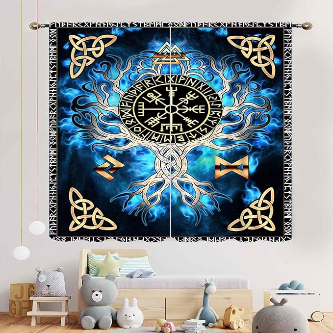 Tree of Life Curtains, Vikings Celtic Nordic Life Tree Scandinavian Aesthetic Mythology Blue Window Drapery Treatments for Bedroom Living Room Bathroom 2 Panels, 63"x72" Inch