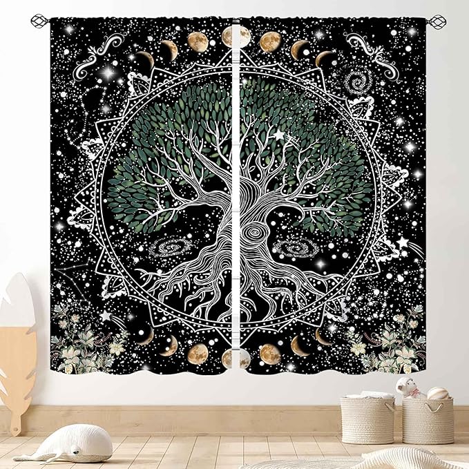 Life Tree Curtains, Hippie Sun Moon Trippy Tree of Life Bohemian Mandala Aesthetci Mystic Witchy Blackout Window Drapery Treatments for Bedroom Living Room Bathroom Decor, 84"x63" Inch