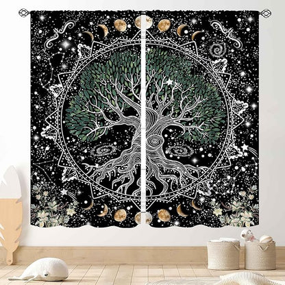 Life Tree Curtains, Hippie Sun Moon Trippy Tree of Life Bohemian Mandala Aesthetci Mystic Witchy Blackout Window Drapery Treatments for Bedroom Living Room Bathroom Decor, 55"x63" Inch
