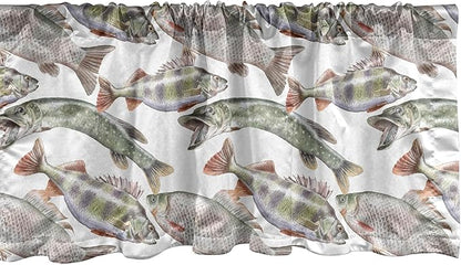 Ambesonne Fishes Window Valance Pack of 2, Watercolor Common Carp Perch and Bass Freshwater Animals Themed Seafood Drawing, Rod Pocket Curtain Valances for Kitchen Bedroom, 42" X 18", Pale Blue Grey