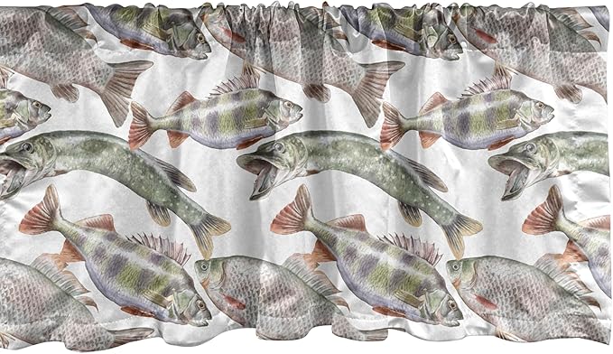 Ambesonne Fishes Window Valance, Watercolor Common Carp Perch and Bass Freshwater Animals Themed Seafood Drawing, Curtain Valance for Kitchen Bedroom Decor with Rod Pocket, 42" x 18", Pale Blue Grey