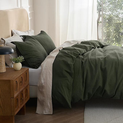 Bedsure 100% Cotton Duvet Cover King Size with Fitted Sheet - 4 Pieces Olive Green Waffle Weave Bedding Set, GentleSoft™ and Breathable, Includes 1 Duvet Cover 104x90, 1 Fitted Sheet, 2 Pillow Shams