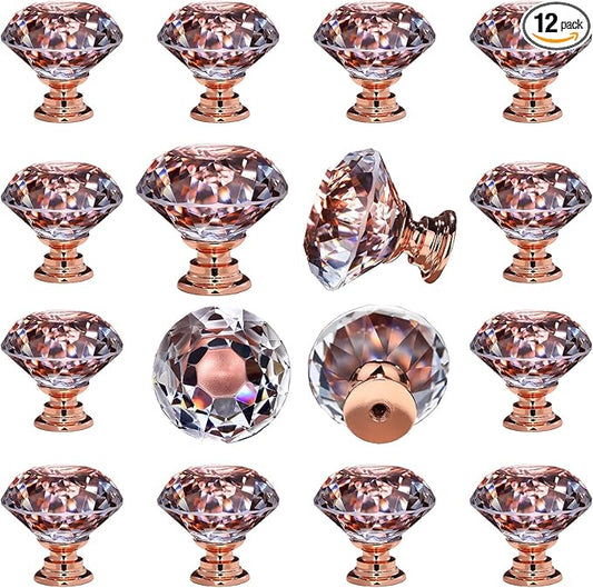 DEELF 12 Packs Kitchen Cabinet Knobs, 30 mm Crystal Cabinet Knobs, Diamond Dresser Handle Drawer Pulls, Dresser Knobs for Cabinets and Drawers, Rose Gold Base