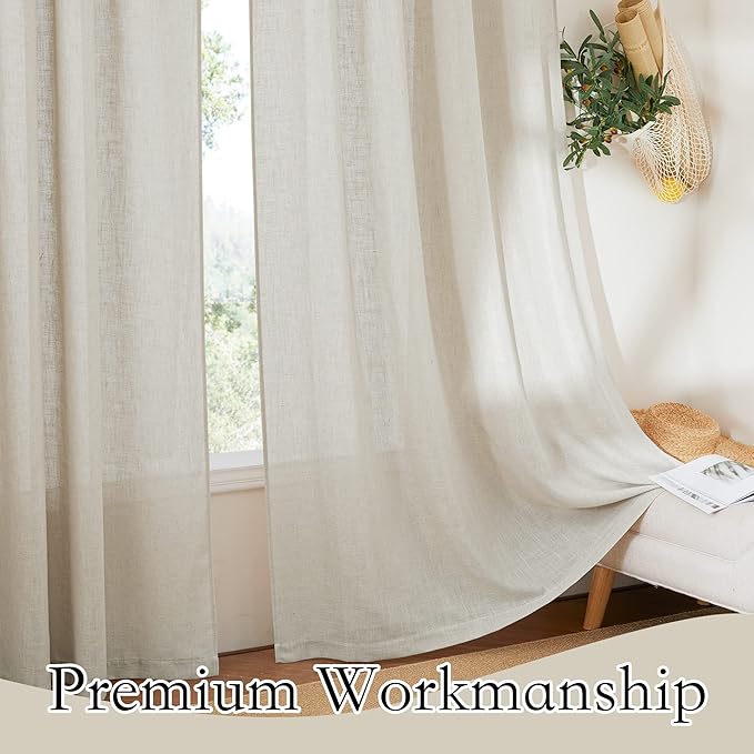 RYB HOME Linen Curtains for Bedroom - Light Airy Semi Sheer Curtains Large Window Decor for Living Room Sun Room Sliding Glass Door, Angora, 52 inch Wide x 84 inch Long, 1 Pair