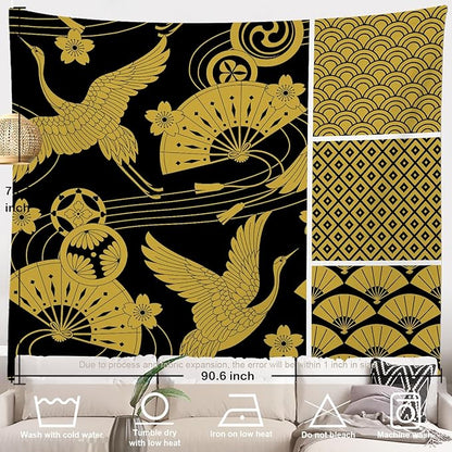 Batmerry Flower Vintage Tapestry, Oriental Japanese Pattern Ornaments Traditional Motives Kimono Wall Hanging Polyester Fiber White Ruffled Around For Dorm Bedroom Living Room, 90.6 X 78.7 Inches