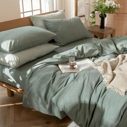 MooMee Bedding Duvet Cover Set 100% Washed Cotton Linen Like Textured Breathable Durable Soft Comfy (Heathered Green, Super King 108"x98")