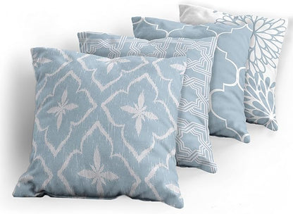 Ambesonne Vintage Throw Pillow Cushion Case Pack of 4, Monochrome Design Grid Trellis Quatrefoil Mesh and Dahlia Flowers Modern, Modern Accent Double-Sided Digital Printing, 20", Pale Cadet Blue White