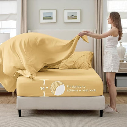 Bedsure Twin Comforter Set Yellow - Bed in a Bag Twin Size Bedding 5 Pieces, GentleSoft™ Pintuck Bed Set Gift for Family, Pinch Pleat Yellow Comforter with Sheets, Pillowcase & Sham
