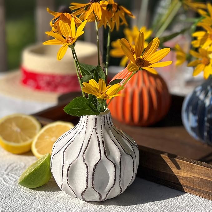 Iconic Scandi Baby Vases, Set of 3, Ribbed, Turquoise Blue, Ivory and Orange, Crackle Suffused, 4.25 Diameter x 4.25 Inches Tall, Modern Home Design, Centerpieces