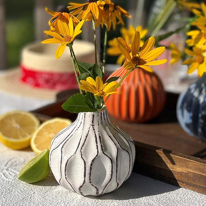 Iconic Scandi Baby Vases, Set of 3, Ribbed, Turquoise Blue, Ivory and Orange, Crackle Suffused, 4.25 Diameter x 4.25 Inches Tall, Modern Home Design, Centerpieces