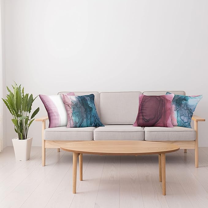 Ambesonne Marble Print Throw Pillow Cushion Case Pack of 4, Watercolor Effect Brushstrokes Stains and Hues Modern Bicolour, Modern Accent Double-Sided Digital Printing, 24", Petrol Blue and Dried Rose