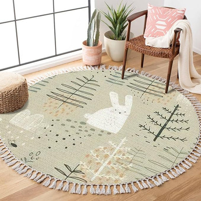 Round Rugs Forest Funny Rabbits Hand Drawn for Kids Fabric Wrapping Boho Area Rug Linen and Cotton Carpet Meditation Washable Hallway Runner Mat Accent Bedroom Bathroom 6ft, Multi2