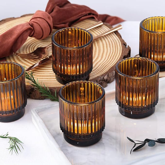 DEVI 8pcs Ribbed Amber Votive Candle Holder for Boho Wedding Decor, Amber Glass Candle Holder for Tea Lights, Vintage Boho Party Home able Decorations, Boho Fall Centerpiece Table Decorations,