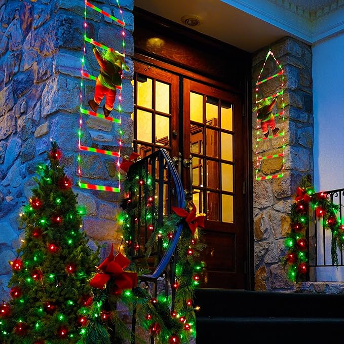 Toodour LED Christmas Light - 2.5FT Christmas Decorative Ladder Lights with Santa Claus, Xmas Decorations Light for Indoor Outdoor, Window, Garden, Home, Wall, Xmas Tree Decor - Red & Green