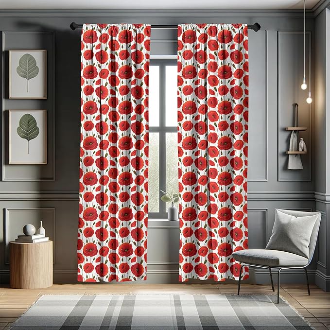 Ambesonne Poppy Flower Window Curtains, Springs Ladybugs Animals and Plants Flora Fauna Nature, Lightweight Decor 2-Panel Set with Rod Pocket, Pair of - 28" x 84", Burnt Orange Olive Green