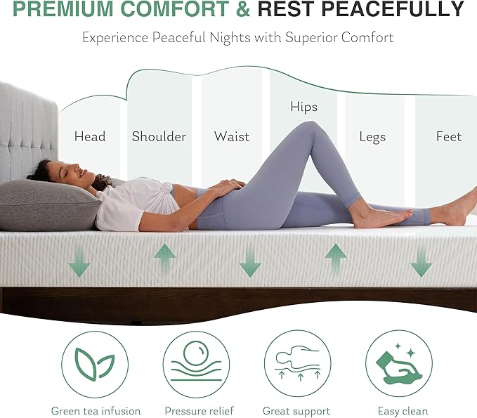 Queen Mattress in a Box, 10 inch Mattresses for Platform Bed Double Size Daybed, Green Tea Memory Foam Medium Firm