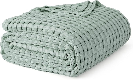 Bedsure Cooling Cotton Waffle King Size Blanket - Lightweight Breathable Blanket of Rayon Derived from Bamboo for Hot Sleepers, Luxury Throws for Bed, Couch and Sofa, Sage Green, 104x90 Inches