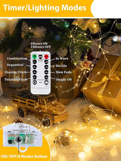 4 Pack 60LED Christmas Battery Operated Fairy Lights with Remote, 8 Modes String Lights with Timer, Dimmable, Memory Function, Waterproof Twinkle Lights for Outdoor Indoor Christmas Decor(Warm White)