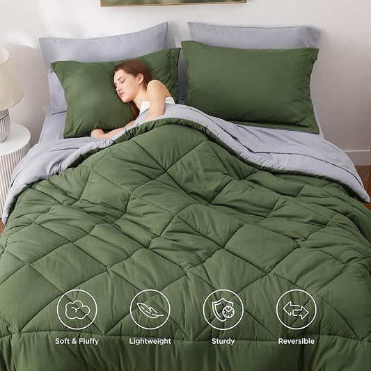Bedsure Twin Size Comforter Set - 7 Pieces Reversible Olive Green Bedding, Twin Size Bed Set for All Seasons, Bed in a Bag with Down Alternative Comforter, Sheets, Pillowcase & Sham
