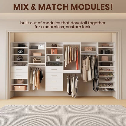 ROOMTEC 25.5" 2 Drawer Short Tower Closet Unit, Modular Closet System with Drawers and Shelf, Wardrobe Organizer for Bedroom or Walk-in Closet, Wall Mounted, Customizable Clothes Storage Unit, White