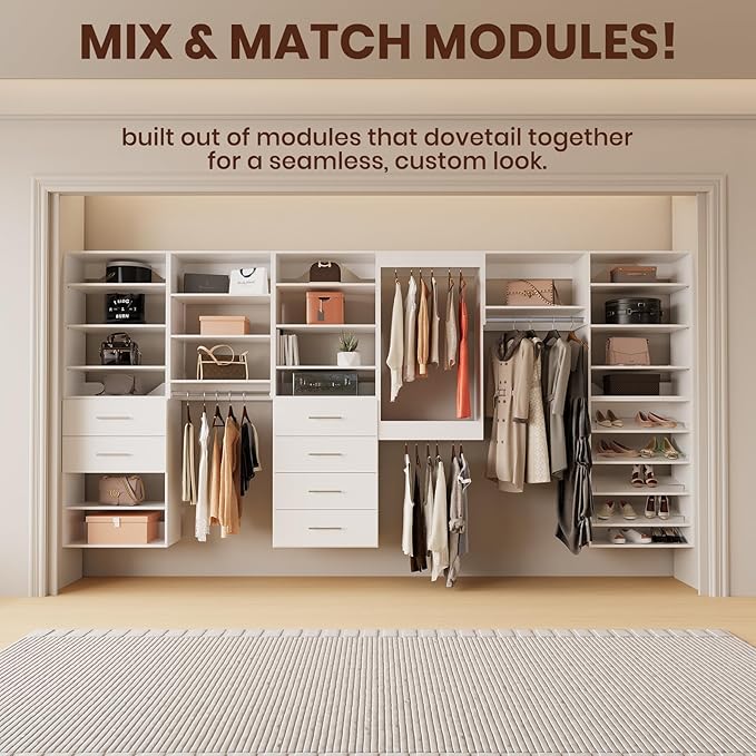 ROOMTEC 31.5" 4 Drawer Short Tower Closet Unit, Modular Closet System with Drawers and Shelf, Wardrobe Organizer for Bedroom or Walk-in Closet, Wall Mounted, Customizable Clothes Storage Unit, White