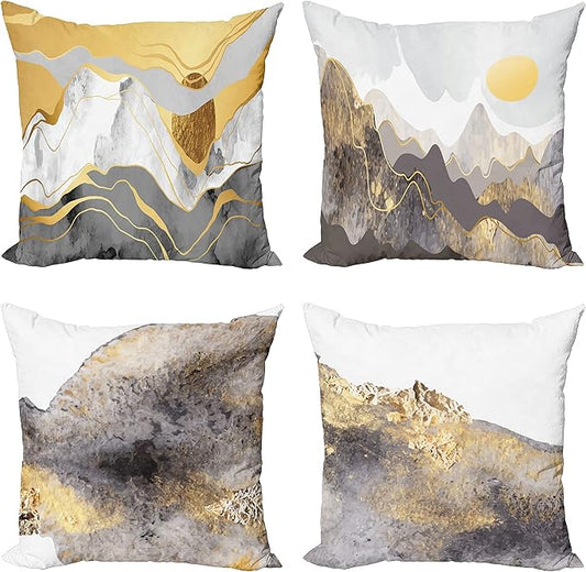 Ambesonne Marble Print Throw Pillow Cushion Case Pack of 4, Modern Art Design Paintbrush Stains Look with Mountains and Sun, Modern Accent Double-Sided Digital Printing, 20", Mustard and Taupe Grey