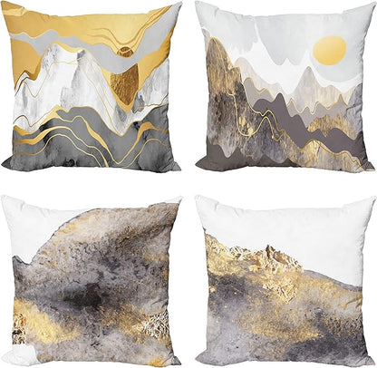 Ambesonne Marble Print Throw Pillow Cushion Case Pack of 4, Modern Art Design Paintbrush Stains Look with Mountains and Sun, Modern Accent Double-Sided Digital Printing, 24", Mustard and Taupe Grey