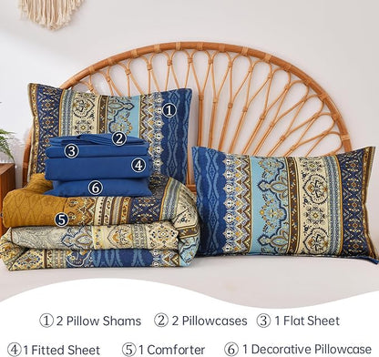 Cottolester Boho Queen Comforter Set 8 Pieces,Brown Blue Bohemian Comforter Paisley Striped Bed in A Bag,Soft Microfiber Bedding Set for All Season