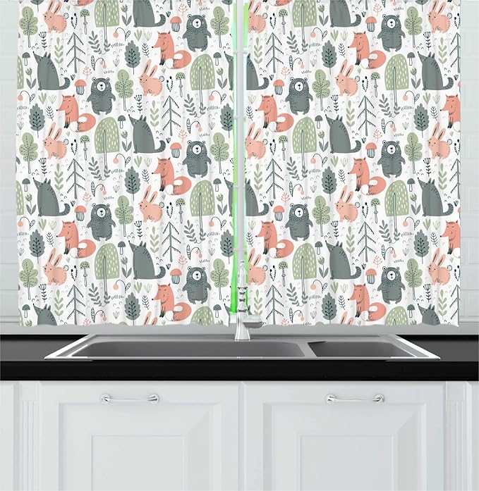 Lunarable Woodland Creatures Kitchen Curtains, Pastel Scandinavian Animals and Trees, Window Drapes 2 Panel Set for Kitchen Cafe Decor, 55" X 39", Coral Reseda Green