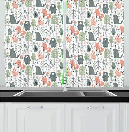 Lunarable Woodland Creatures Kitchen Curtains, Pastel Scandinavian Animals and Trees, Window Drapes 2 Panel Set for Kitchen Cafe Decor, 55" X 39", Coral Reseda Green