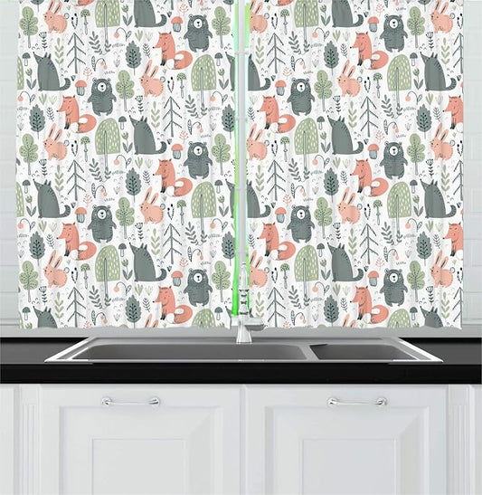 Lunarable Woodland Creatures Kitchen Curtains, Pastel Scandinavian Animals and Trees, Window Drapes 2 Panel Set for Kitchen Cafe Decor, 55" X 39", Coral Reseda Green