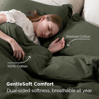 Bedsure 100% Cotton Duvet Cover King Size with Fitted Sheet - 4 Pieces Olive Green Waffle Weave Bedding Set, GentleSoft™ and Breathable, Includes 1 Duvet Cover 104x90, 1 Fitted Sheet, 2 Pillow Shams