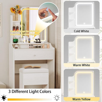 LIKIMIO Small Makeup Vanity Desk with Mirror and Lights, Vanity Table Set with Storage Drawer, Chair and Three Shelves, Bedroom, White