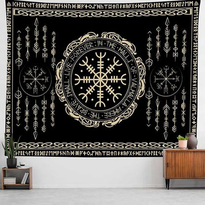 OSUNBD Nordic Vikings Tapestry Large 100x90inches Soft Flannel Vegvsir Symbol Amulet Celtic Rune Scandinavian Aesthetic Mythology Tapestry Wall Hanging for Bedroom Living Room Decor
