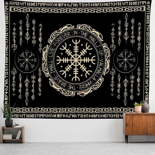 OSUNBD Nordic Vikings Tapestry Large 100x90inches Soft Flannel Vegvsir Symbol Amulet Celtic Rune Scandinavian Aesthetic Mythology Tapestry Wall Hanging for Bedroom Living Room Decor