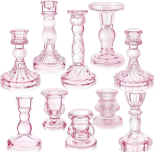 Mumufy 10 Pcs Glass Crystal Taper Candle Holders Clear Glass Candlestick Holder Fit 0.8 Inch Candles Crystal Decorative Candle Stand Centerpiece Table Wedding Dining Party (Classic,Pink)