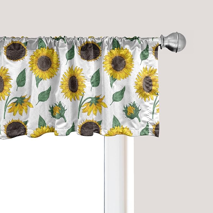 Ambesonne Sunflower Window Valance Pack of 2, Agricultural Pattern Botanical Inspiration Hand-Drawn Flowers, Rod Pocket Curtain Valances for Kitchen Bedroom, 42" X 18", Reseda Green Dark Brown
