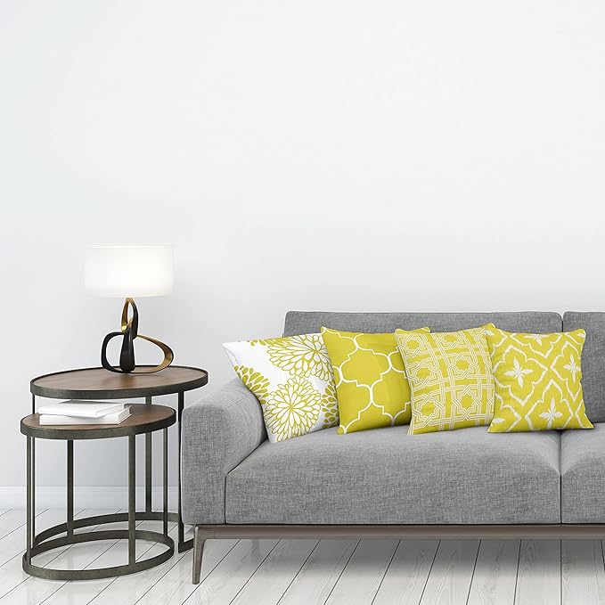 Ambesonne Vintage Throw Pillow Cushion Case Pack of 4, Monochrome Design Grid Trellis Quatrefoil Mesh and Dahlia Flowers Modern Print, Modern Accent Double-Sided Digital Printing, 24", Yellow White