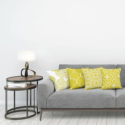 Ambesonne Vintage Throw Pillow Cushion Case Pack of 4, Monochrome Design Grid Trellis Quatrefoil Mesh and Dahlia Flowers Modern Print, Modern Accent Double-Sided Digital Printing, 24", Yellow White