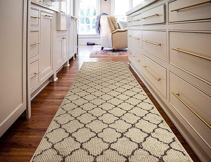 Custom Size Modern Runner Rug Carpet for Hallway Entryway Foyer Kitchen, Slip Resistant Latex Rubber Backed 31 inch Wide X Customized Length, Trellis Beige, 31 inch X 24 feet