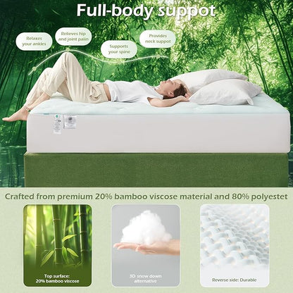 Hansleep Queen Mattress Topper Viscose Derived from Bamboo, Memory Foam Pillow Top Mattress Topper Queen with Deep Pocket, Breathable Mattress Pad for Back Pain Relief, 60" x80", White