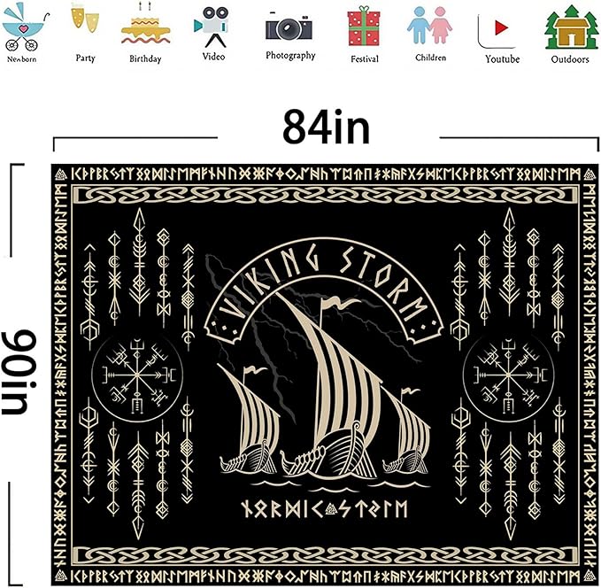 OSUNBD Viking Warship Tapestry Wall Hanging - Large 84x90 inches Storm & Celtic Runes on Soft Flannel Aesthetic Mythology Tapestries Norse Mythology Art for Bedroom, Living Room Decor