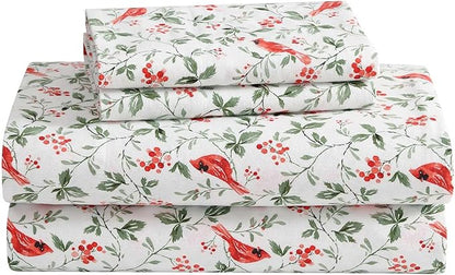 Laura Ashley - Flannel Sheets Full Size, Anti-Pilling & Wrinkle Resistant Cotton, Touchably Soft for All-Season Comfort - Bed Sheets with Matching Pillowcases & Fitted Sheet (Jolly Cardinals Green)