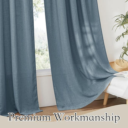 RYB HOME Natural Semi Sheer Curtains - Linen Texture Light Filtering Privacy Lightweight Wrinkle-Resistant Washable Vintage Drapes for Kitchen Home Office, W 60 x L 95 inches, Stone Blue, 1 Panel