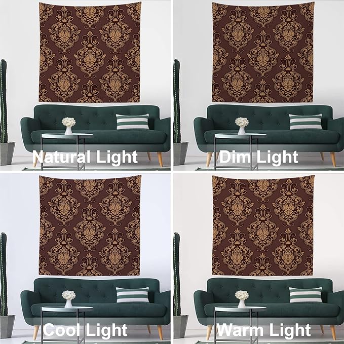 Batmerry Brown Damask Floral Tapestry,Vintage Golden Brown Damask Pattern Wall Art Hanging Decoration Polyester Fiber White Ruffled Around for Dorm Room Bedroom Living Room, 59.1x59.1 inches