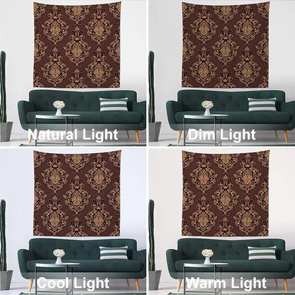 Batmerry Brown Damask Floral Tapestry,Vintage Golden Brown Damask Pattern Wall Art Hanging Decoration Polyester Fiber White Ruffled Around for Dorm Room Bedroom Living Room, 59.1x59.1 inches
